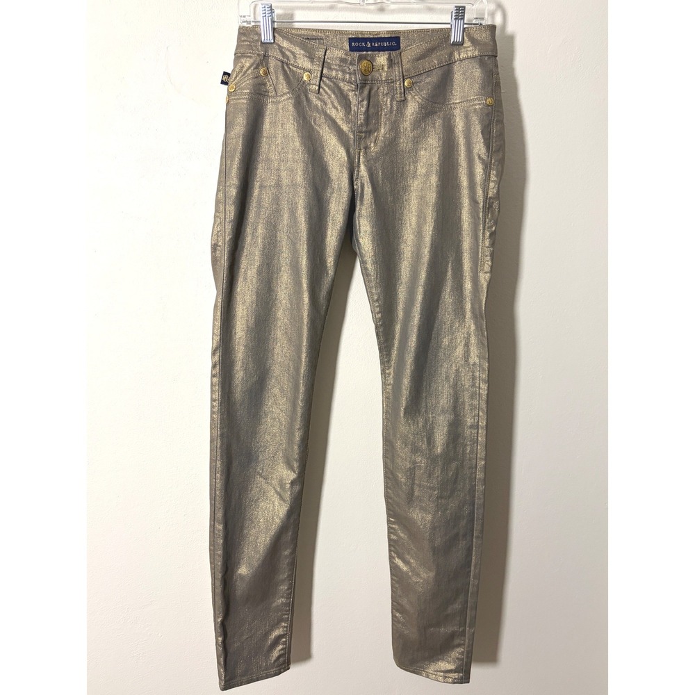 Rock & Republic Kashmiere Gold Metallic Skinny Jeans Size 8M